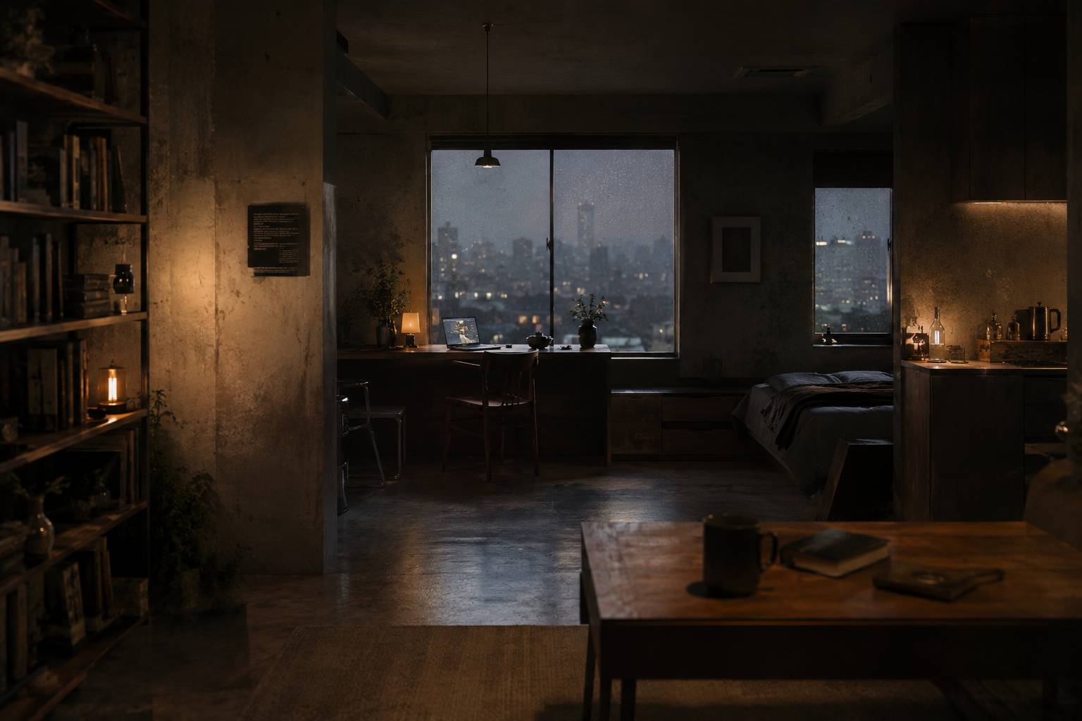 夜の静かな部屋と窓辺のデスク。Quiet apartment room at night overlooking the city.