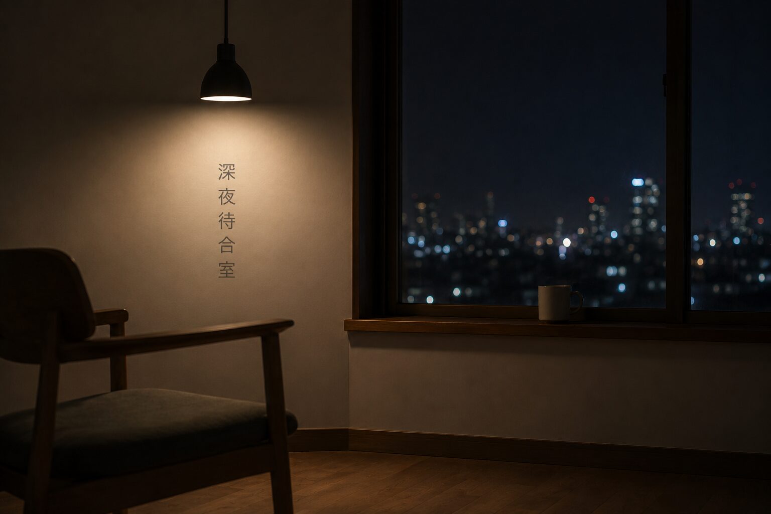 深夜待合室。夜の街を見下ろす静かな部屋と窓辺のマグカップ。