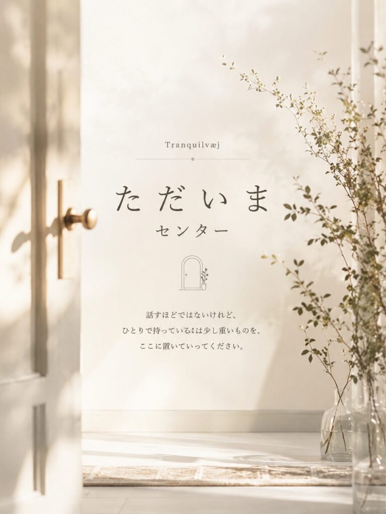 「ただいまセンター」のアイキャッチ画像。やわらかな光の差し込む室内と白い扉、植物のある静かな空間が、帰ってきた人を迎える場所を表現している。
