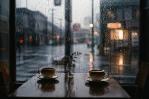 雨粒が流れる喫茶店の窓際。向かい合う二つのコーヒーカップの向こうに、ぼやけた雨の街並みが広がる静かな午後の風景。