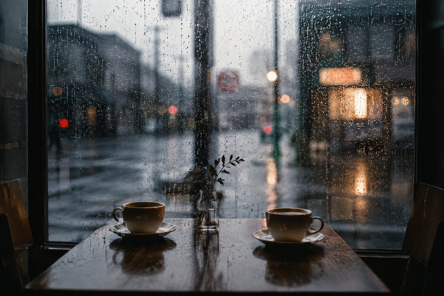 雨粒が流れる喫茶店の窓際。向かい合う二つのコーヒーカップの向こうに、ぼやけた雨の街並みが広がる静かな午後の風景。