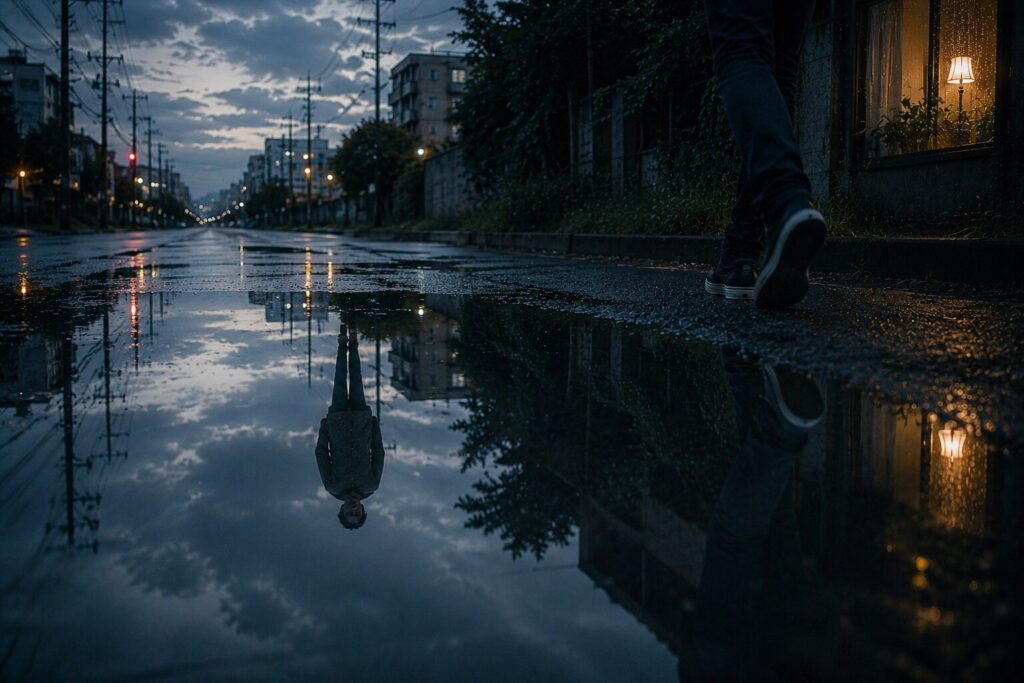 雨上がりの住宅街を歩く人物と、水たまりに取り残されたもう一人の自分