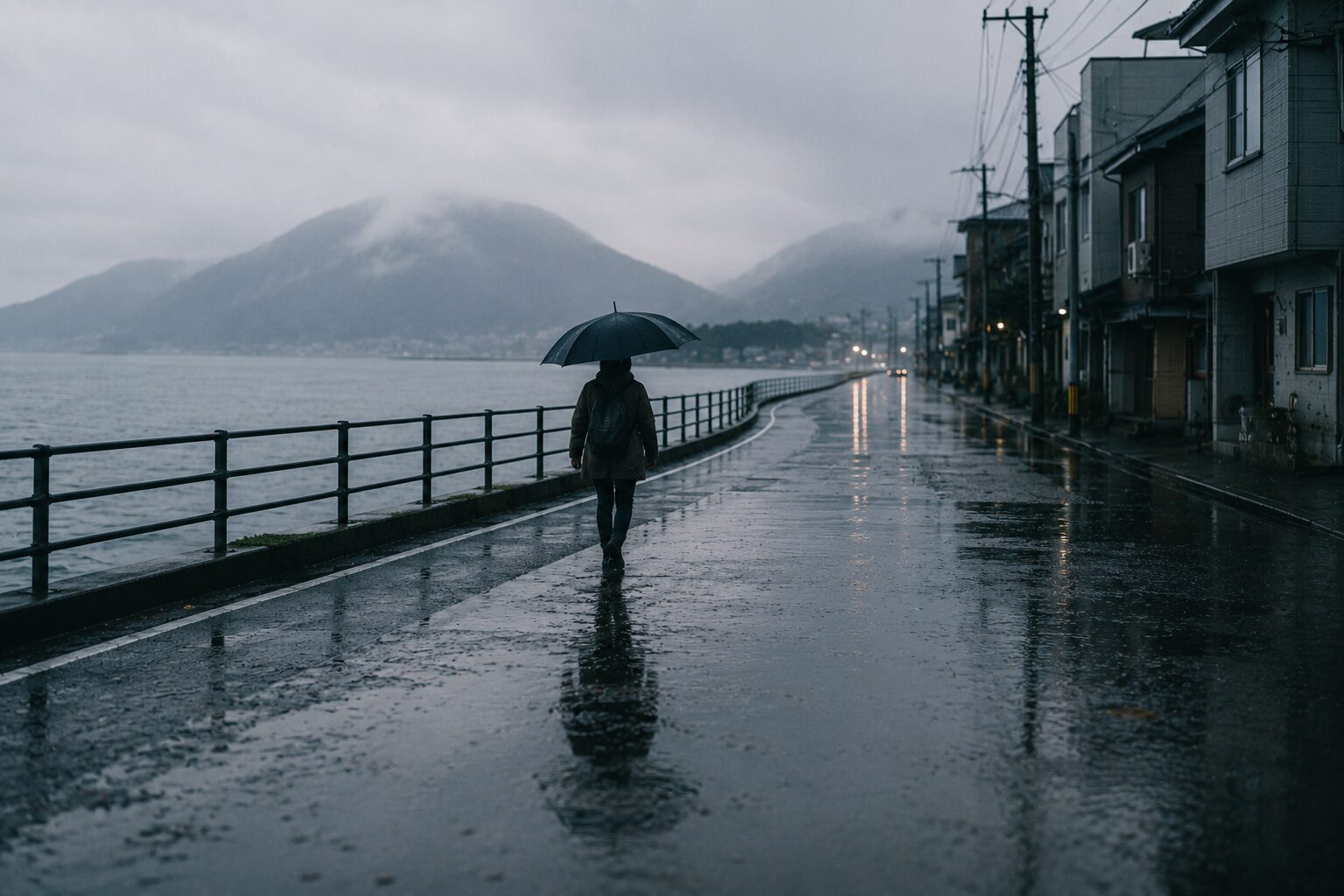 雨の日の海沿いを傘を差して歩く人物と濡れた路面