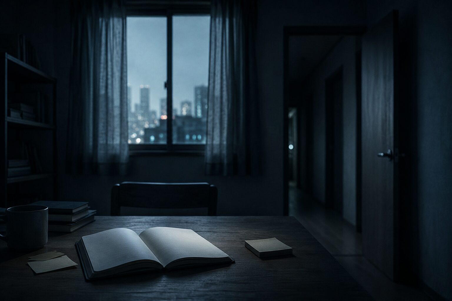 白い付箋が置かれた静かな机と見えない存在を描く短編小説『知らないものには、まだ名前がないだけ。』