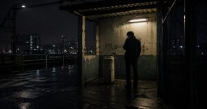 雨の深夜、駅裏の古い喫煙所にひとり立つ男性